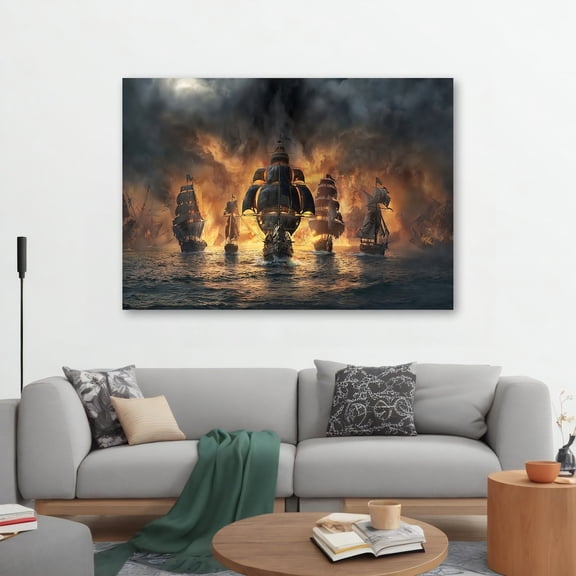 Luvia Sea Battles Canvas Art - Dramatic Pirate Ship Battle Scene, Nautical Wall Decor For Maritime Enthusiasts Canvas, 16x24 UNFRAMED