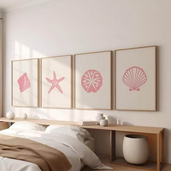 Luvia Seashell Pastel Pink Art Set Of 4 Coastal Nursery Wall Art Poster Or Print, Conch Sanddollar And Starfish Collection, Modern Wall Decor Set 4 Prints 20x30 UNFRAMED