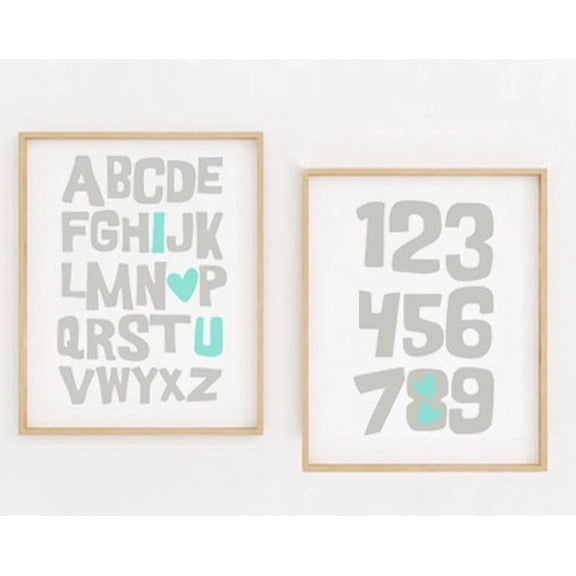 Luvia Set Of 2, Abc Alphabet Mint Gray Numbers Nursery Decor I Love You Alphabet Mint Grey Education I Heart U Abc Nursery Art, Modern Wall Decor Set 2 Prints 12x18 UNFRAMED