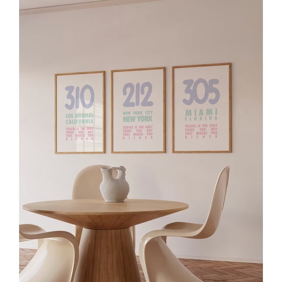 Luvia Set Of 3 Area Code *It Girls* Art Pink Purple Blue Pastel *Travel Influencer* Bathroom Bedroom Cute Trendy, Modern Wall Decor Set 3 Prints 16x24 UNFRAMED