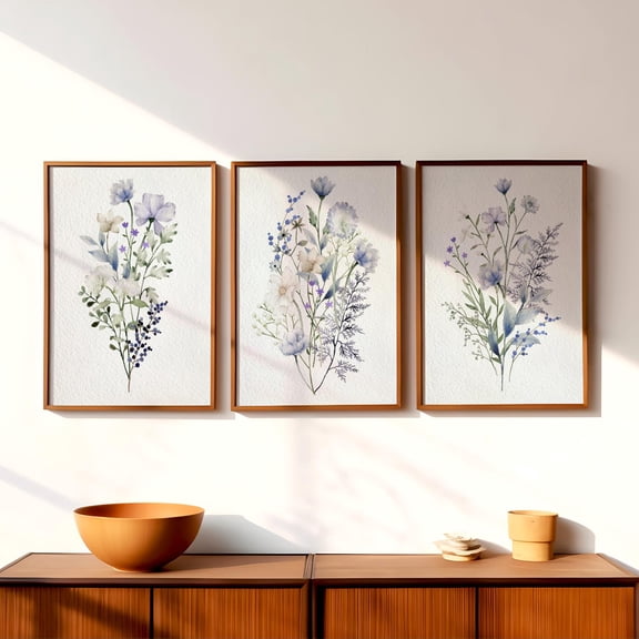Luvia Set Of 3 Blue Wildflower Bouquet Posters, Floral Art Botanical Poster Gallery Triptych Dried Pressed Bouquets, Modern Decor Set 3 Prints 20x30 UNFRAMED