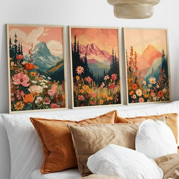 Luvia Set Of 3 Boho Wildflower Mountain Sunset Wall Art Poster, Vintage Daisy Landscape Print, Floral Spring Nature Home Decor, Modern Wall Decor Set 3 Prints 8x12 UNFRAMED