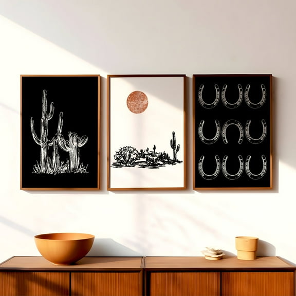 Luvia Set Of 3 Cowboy Western Wall Posters, Black And White Southwest Decor, Minimalist Gallery Poster, Cactus Landscape Art, Modern Decor Set 3 Prints 8x12 UNFRAMED