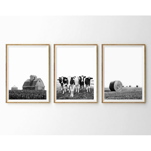 Luvia Set Of 3 Farm Prints Cows Barn Hay Modern Farmhouse Decor Black White Farmhouse Kitchen 3 Piece Triptych Art, Modern Wall Decor Set 3 Prints 8x12 UNFRAMED