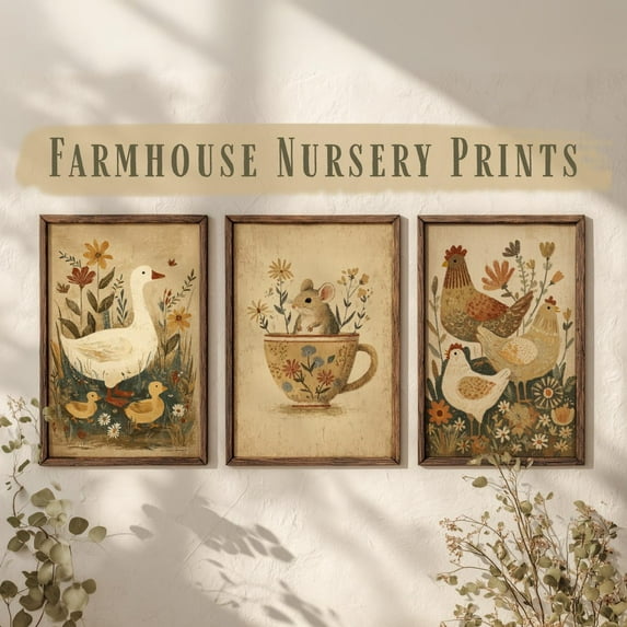 Luvia Set Of 3 Farmhouse Nursery Prints | Cottagecore Wall Art, Rustic Kitchen Gallery Set, Vintage Mouse, Goose And Chicken Decor, Modern Wall Decor Set 3 Prints 20x30 UNFRAMED