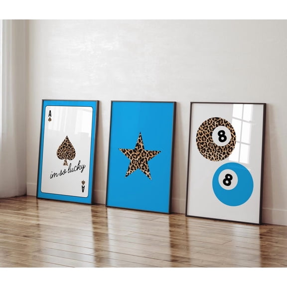 Luvia Set Of 3 Leopard Above Bed Dorm Blue Luxury Fashion Art Trendy Ace Of Spades Star Prints Leopard 8 Ball Decor Blue Gallery Set, Modern Wall Decor Set 3 Prints 16x24 UNFRAMED