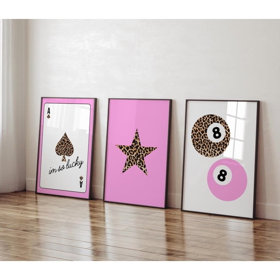 Luvia Set Of 3 Leopard Above Bed Dorm Pink Luxury Fashion Art Trendy Ace Of Spades Star Prints Leopard 8 Ball Decor Pink Gallery Set, Modern Wall Decor Set 3 Prints 20x30 UNFRAMED