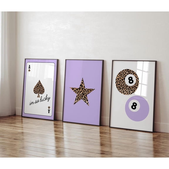 Luvia Set Of 3 Leopard Retro Dorm Purple Luxury Fashion Art Trendy Ace Of Spades Star Prints Leopard 8 Ball Decor Purple Gallery Set, Modern Wall Decor Set 3 Prints 12x18 UNFRAMED