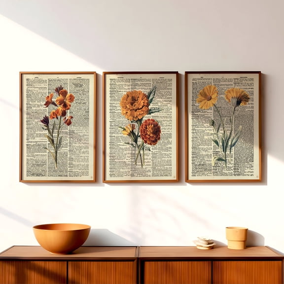 Luvia Set Of 3 Vintage Flower Posters, Encyclopedia Paper Botanical Gallery Poster, Floral Poster, Cottage Core Aesthetic Art, Modern Decor Set 3 Prints 8x12 UNFRAMED