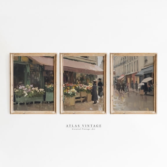 Luvia Set Of 3 Vintage Paris Flower Market Print, French City Street Poster, Neutral Triptych, Rustic Farmhouse Floral Decor, Modern Wall Decor Set 3 Prints 8x12 UNFRAMED