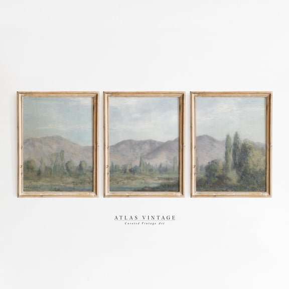 Luvia Set Of 3 Vintage Summer River Landscape Print, Countryside Mountain Poster, Triptych, Farmhouse Above Bed Decor, Modern Wall Decor Set 3 Prints 12x18 UNFRAMED