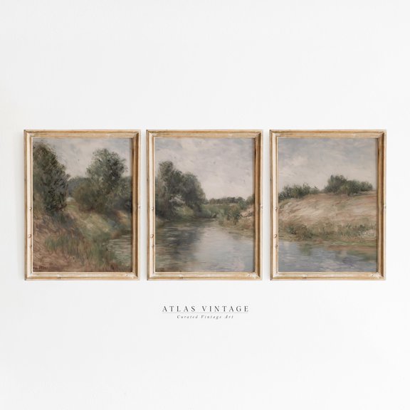Luvia Set Of 3 Vintage Summer River Landscape Prints, Countryside Pasture Poster, Triptych, Farmhouse Above Bed Decor, Modern Wall Decor Set 3 Prints 20x30 UNFRAMED