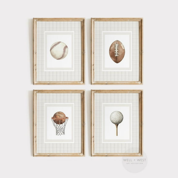 Luvia Set Of Four Plaid Ball Posters, Vintage Style Sports, Baseball, Football, Golf, Basketball, Boys Room, Ps157, Modern Decor Set 4 Prints 16x24 UNFRAMED
