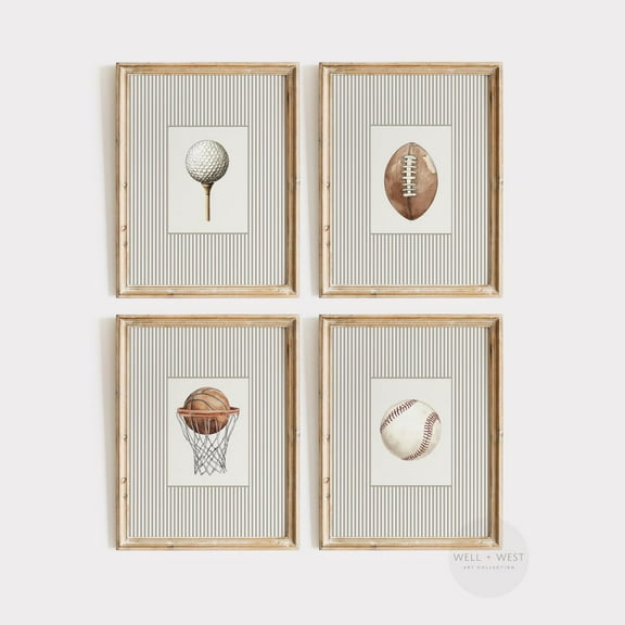 Luvia Set Of Four Sports Ball Posters, Vintage Style, Baseball, Football, Golf, Basketball, Boys Room Nursery Art, Ps145, Modern Decor Set 4 Prints 16x24 UNFRAMED