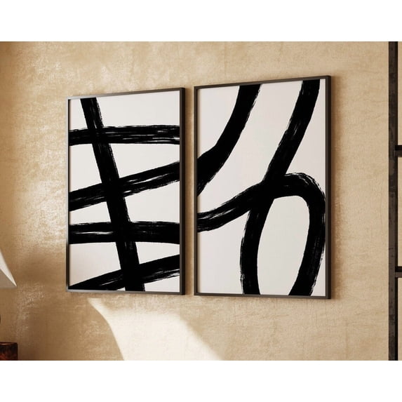 Luvia Set Of 2 Abstract, Black White Abstract Set, Abstract Wall Set, Brush Strokes, Set, Modern Wall Decor Set 2 Prints 20x30 UNFRAMED