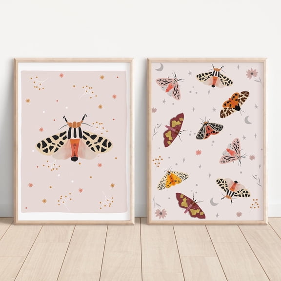 Luvia Set Of 2 Moth Prints, Boho Moth, Nature Prints, Moth And Butterfly Art, Pink, Boho Home Decor, Modern Wall Decor Set 2 Prints 8x12 UNFRAMED