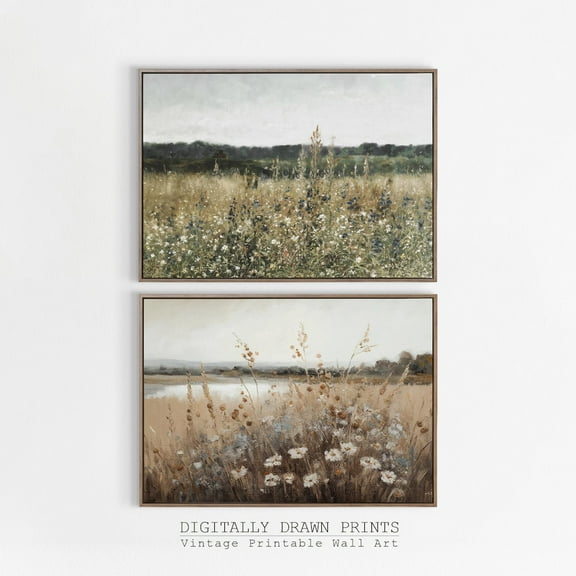 Luvia Set Of 2 Wall Art, Wildflower Landscape, Spring Farmhouse Decor, Country Field Landscape, Modern Wall Decor Set 2 Prints 8x12 UNFRAMED