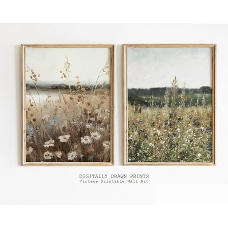 Luvia Set Of 2 Wall Art, Wildflower Landscape, Vintage Farm House, Country Field Landscape, Modern Wall Decor Set 2 Prints 16x24 UNFRAMED