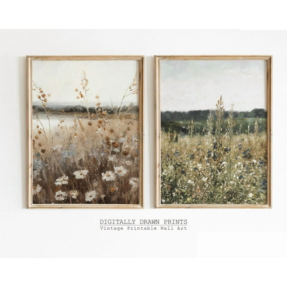 Luvia Set Of 2 Wall Art, Wildflower Landscape, Vintage Farm House, Country Field Landscape, Modern Wall Decor Set 2 Prints 16x24 UNFRAMED