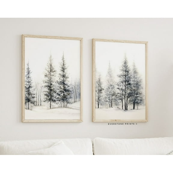 Luvia Set Of 2 Winter Pine Forest, Rustic, Snowy Trees Landscape Print, Modern Wall Decor Set 2 Prints 8x12 UNFRAMED