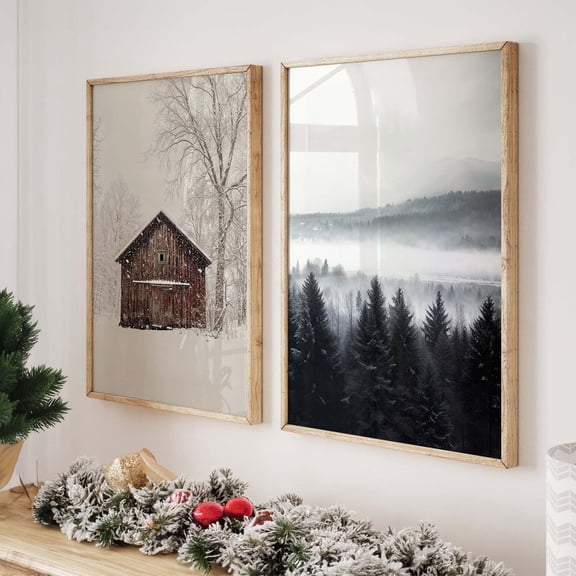 Luvia Set Of 2 Winter Posters, Winter Photographs, Hut In The Snow And Mystical Forest In The Fog, Modern Wall Decor Set 2 Prints 16x24 UNFRAMED