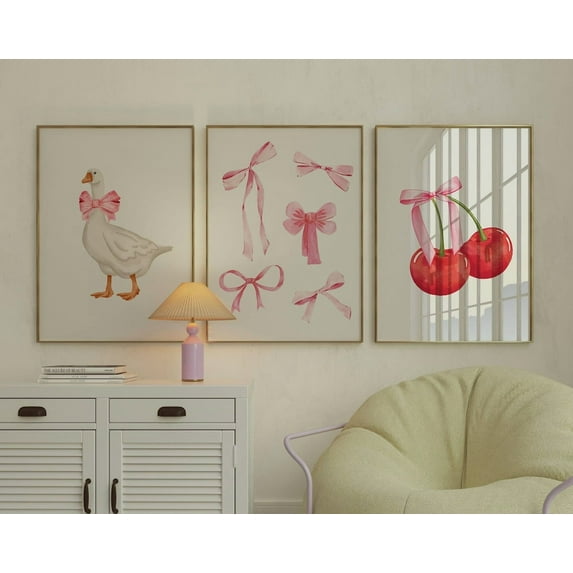 Luvia Set Of 3 Coquette Pink Bows Collage Coquette Room Decor, Balletcore, Apartment Decor, Modern Wall Decor Set 3 Prints 12x18 UNFRAMED