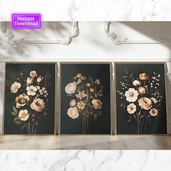 Luvia Set Of 3 Dark Botanical Prints Vintage Moody Cottagecore Florals Gallery Vintage- Decoration, Modern Wall Decor Set 3 Prints 8x12 UNFRAMED