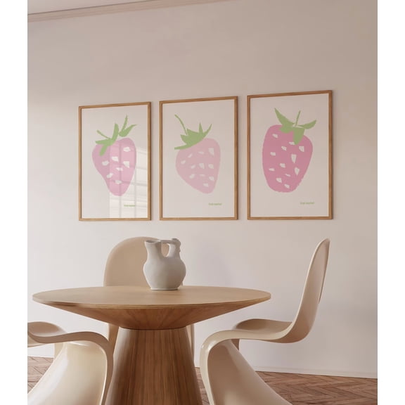 Luvia Set Of 3 Unique Strawberry Art White Pink And Sage *Fruit Head* Kitchen Dormroom Cute Trendy Set, Modern Wall Decor Set 3 Prints 12x18 UNFRAMED