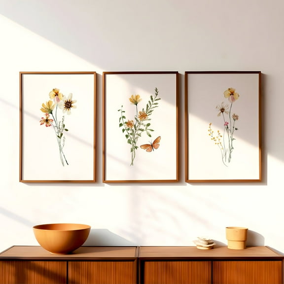 Luvia Set Of 3 Wildflower Bouquets, Dried Pressed Flowers, Triptych Floral Poster, Minimalist Botanical, Modern Decor Set 3 Prints 8x12 UNFRAMED