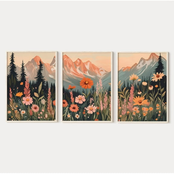Luvia Set Of 3 Wildflowers Mountain Landscape Muted Colors Colorful Boho Field Posters, 3 Piece, Modern Wall Decor Set 3 Prints 8x12 UNFRAMED