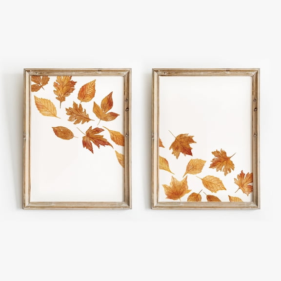 Luvia Set of two Fall Prints, Autumn Wall Art, Warm Orange Rustic Fall Decor, Falling Leaf, Fall Art Wall Decor Set 2 Prints 12x18 UNFRAMED