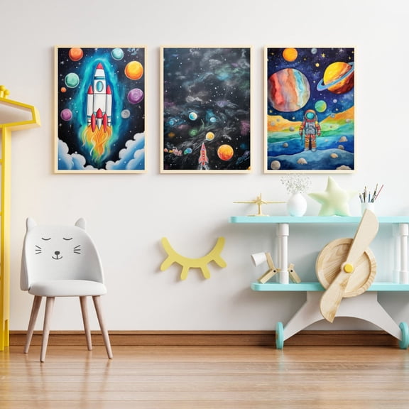 Luvia Space Nursery Decor Astronaut Prints, Outer Space Set Of 3 Wall Art, Modern Wall Decor Set 3 Prints 8x12 UNFRAMED
