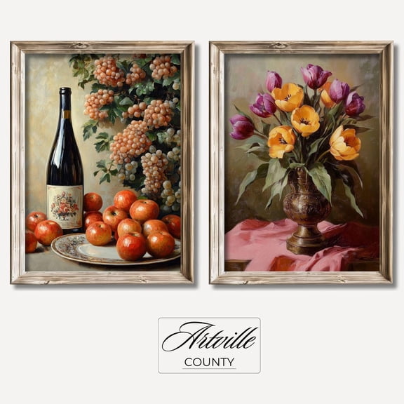 Luvia Spring Still Life Prints, Set Of 2 Floral, Vintage Wine Poster, Antique Farmhouse Art, Kitchen Decor, Modern Wall Decor Set 2 Prints 8x12 UNFRAMED