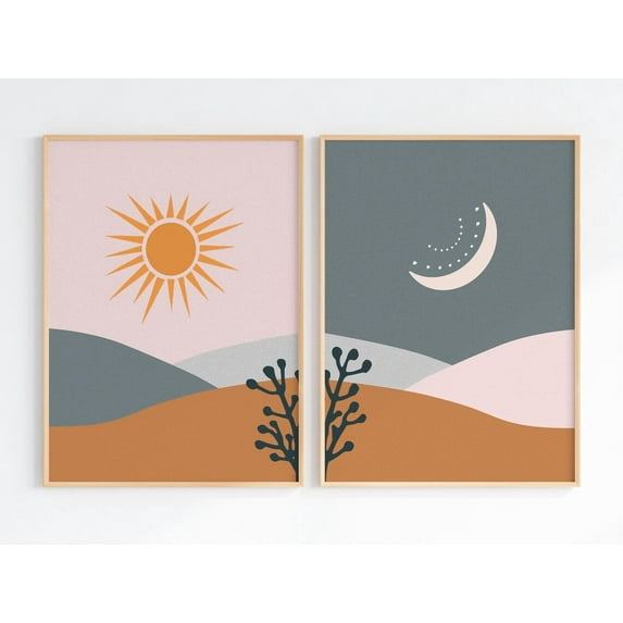 Luvia Sun And Moon Set Of 2 Print, Modern Bohemian, Boho Nursery Wall Poster, Little Girls Room, Modern Wall Decor Set 2 Prints 12x18 UNFRAMED