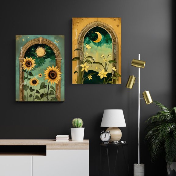 Luvia Sun And Moon Set - Sunflower And Moonlit Floral Prints - Celestial Botanical Decor - Vintage Boho Day And Night Art - Boho, Modern Wall Decor Set 2 Prints 8x12 UNFRAMED