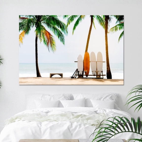 Luvia Surfboard Canvas Print Beach Print Palm Tree On The Beach Canvas Beach House Decor Ocean Art Retro Beach Coastal Surf Canvas Art Canvas, 12x18 UNFRAMED
