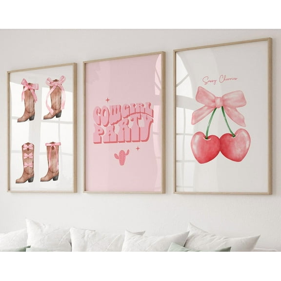 Luvia Trendy Pink Disco Cowgirl Bows Set Of 3, Preppy, Coquette Room Decor, College Apartment Decor, Howdy, Modern Wall Decor Set 3 Prints 8x12 UNFRAMED