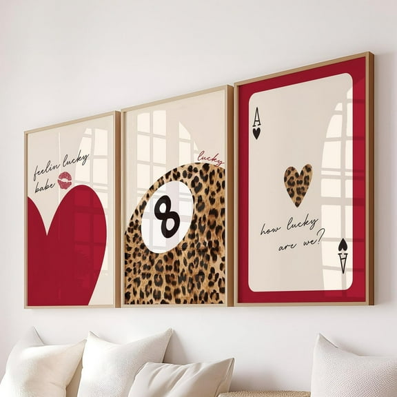 Luvia Trendy Red Leopard Cheetah Set Of 3 How Lucky Are We Lucky 8 Ball Cheetah Posters Preppy Luxury Maximalist Dorm, Modern Wall Decor Set 3 Prints 8x12 UNFRAMED