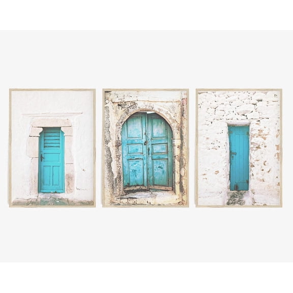 Luvia Turquoise Doors Set Of 3, Blue Old Door Set, Architecture Travel Photography, Greece Poster, Modern Wall Decor Set 3 Prints 8x12 UNFRAMED