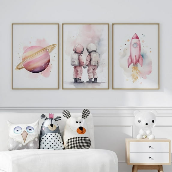 Luvia Twins Pink Nursery Decor Space Girl Outer Space Set Of 3 Poster, Space Nursery Print Two Astronauts, Modern Wall Decor Set 3 Prints 8x12 UNFRAMED