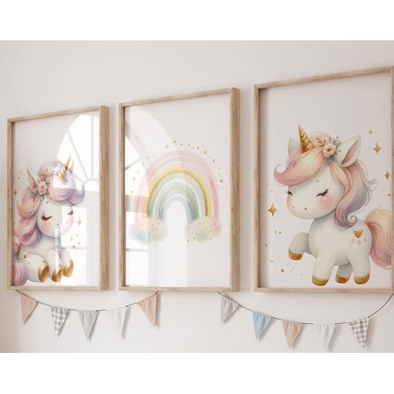 Luvia Unicorn Room Decor, Unicorn Art For Girls, Golden Colors, Room Decor, Girl Bedroom Decor, Unicorn Rainbow Girls, Set Of 3 , Modern Wall Decor Set 3 Prints 8x12 UNFRAMED