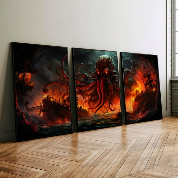 Luvia Vibrant Kraken Monster 3 Piece Wall Art Set Or, Boys Room Ship Wrecker, Black Beard Nautical,Nspired Oceanic View Poster, Modern Wall Decor Set 3 Prints 8x12 UNFRAMED