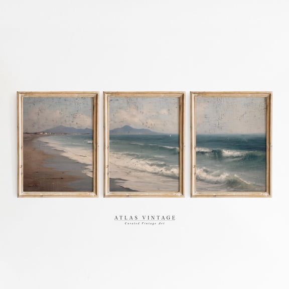 Luvia Vintage Beach Seascape Gallery Wall Set Of 3 Prints, Ocean Poster Triptych, Coastal Bathroom Decor, Modern Wall Decor Set 3 Prints 8x12 UNFRAMED