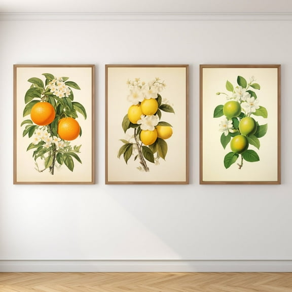 Luvia Vintage Citrus Set Fruit Bundle, Lemon Lime Artwork, Retro Oranges Poster, Botanical Lithograph Kitchen Art Prints, Modern Wall Decor Set 3 Prints 8x12 UNFRAMED