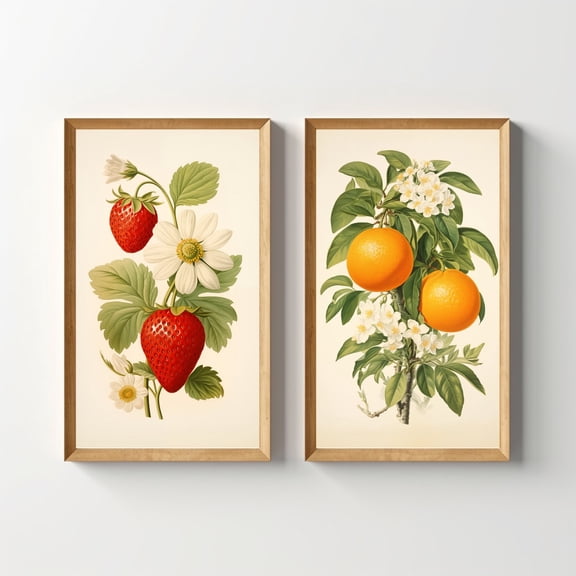 Luvia Vintage Fruit Lithograph Set Strawberry Bundle, Strawberries Floral Oranges Kitchen Artwork, Cottagecore Boho Art, Modern Wall Decor Set 2 Prints 8x12 UNFRAMED