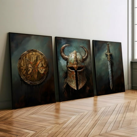 Luvia Vintage Norse Helmet Sword And Viking Coin Wall Art Print Or Set, Rustic Medieval Theme Wall Prints, Vintage And Realistic Nord Decor, Modern Wall Decor Set 3 Prints 8x12 UNFRAMED