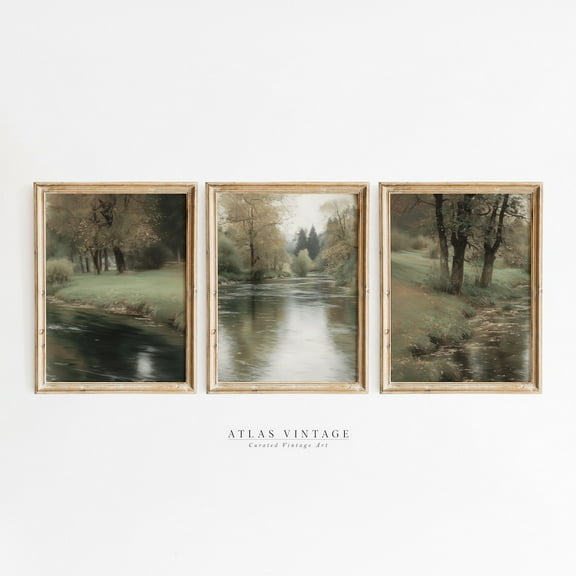 Luvia Vintage Serene River Landscape Gallery Set Of 3 Prints, Forest Poster Triptych, Rustic Country Nature Summer Decor, Modern Wall Decor Set 3 Prints 8x12 UNFRAMED