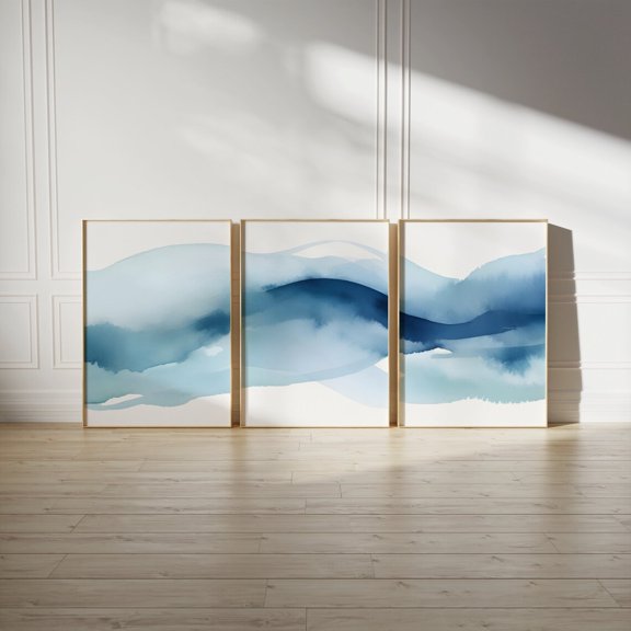 Luvia Waves Abstract Set Of 3 Ombre Blue Blue Wave Set Of 3 Tryptic Softness Art Print, Modern Wall Decor Set 3 Prints 20x30 UNFRAMED