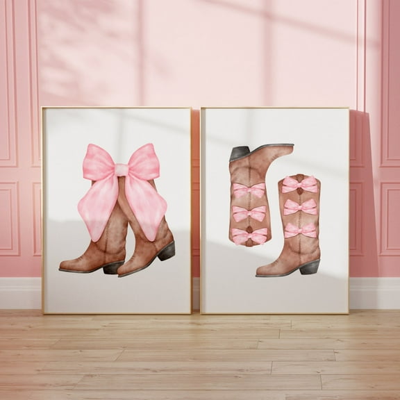 Luvia Western Coquette Set Of 2 Prints Pink Bow Cowboy Boots Cowgirl Bedroom Decor Girly Apartment, Modern Wall Decor Set 2 Prints 8x12 UNFRAMED