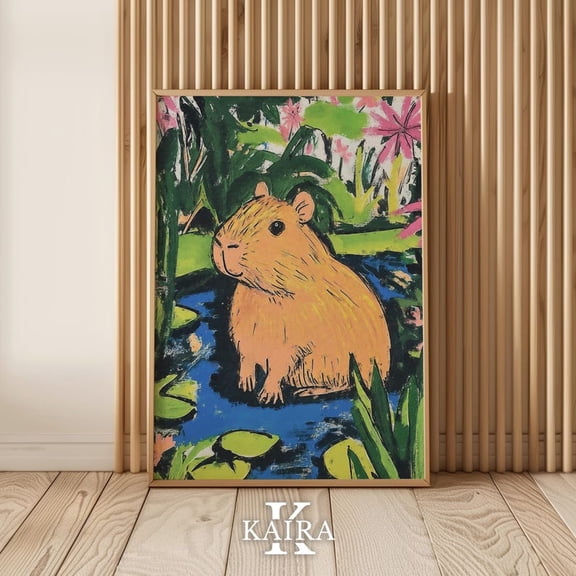 Luvia Whimsical Capybara Poster, Colorful Jungle Pond Wall Art for Nature Decor, 8x12 UNFRAMED